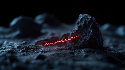 Surreal depiction of a rocky lunar landscape with a glowing red line, illustrating a cosmic phenomenon