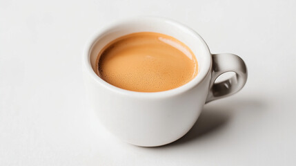 A freshly brewed espresso shot in a small cup, deep crema on a white background.