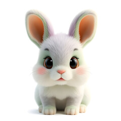 Fototapeta premium Rabbit – 3D baby rabbit, soft fur, chubby cheeks, big eyes, pastel green and lilac tones, white background. Generative AI