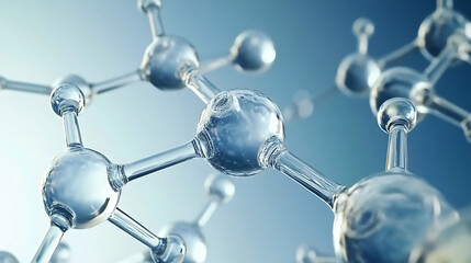 Clear transparent molecule structure on blue background with depth