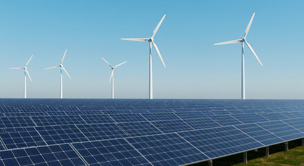 Renewable energy - solar panels and wind turbines under blue sky  