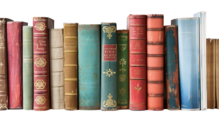 Row of colorful antique books standing upright on transparent background