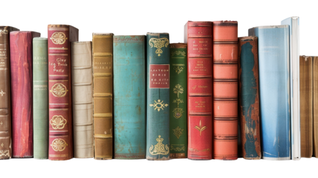 Row of colorful antique books standing upright on transparent background