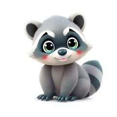Obraz premium Raccoon – 3D baby raccoon, fluffy tail, round cheeks, big bright eyes, pastel gray and turquoise tones, white background. Generative AI
