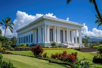 Obraz premium Laie Hawaii Temple. Iconic White Building in a Park Setting