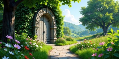 Naklejka premium Secret Garden Path Leading to an Ancient Wooden Door in a Sunlit Meadow