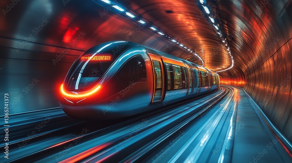 Aufkleber a futuristic subway train moves swiftly through a brightly lit urban tunnel, emphasizing innovation 
