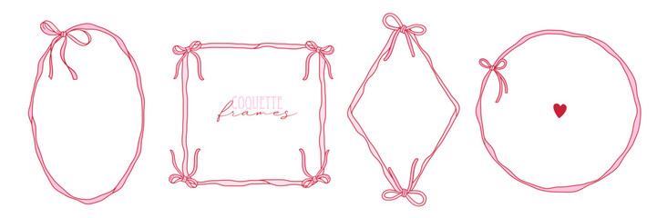 Pink Thin Ribbon Frames with Bows Set. A collection of geometric ribbon frames, featuring bows and flowing edges in oval, round, rhombus and square shapes for elegant and feminine designs. Vector