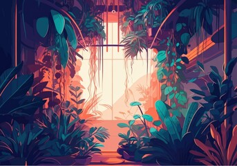 Lush indoor garden filled with vibrant plants and warm sunlight