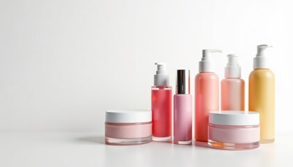 Various cosmetic containers on white backdrop , items, bottles, photography