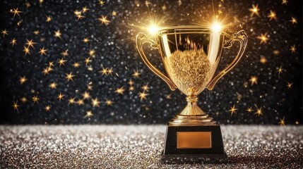 Celebratory awards ceremony event hall trophy display sparkling environment close-up view achievement concept