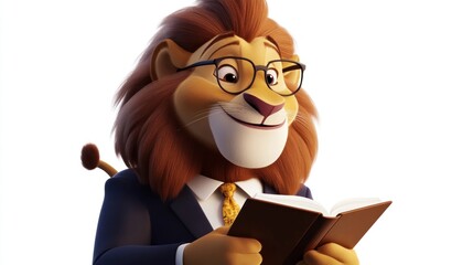 lion in suit and glasses reading
