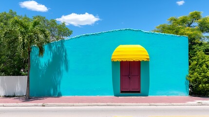 Vibrant Turquoise Building With Yellow Awning and Pink Door Under a Bright Blue Sky