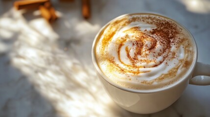 Delicious cinnamon-spiced cappuccino with creamy foam in warm morning light.