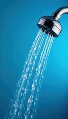 Crystal clear water streams from a sleek showerhead against a vibrant blue backdrop , relaxation, modern