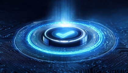 Advanced computer chip emitting a bright blue light in a cutting-edge technological setting