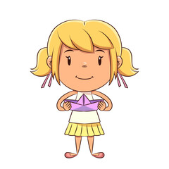 Little girl holding origami paper boat