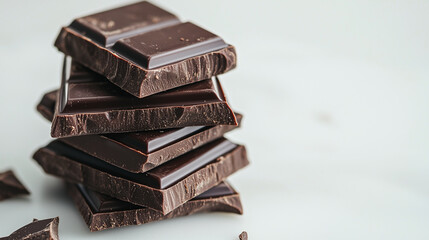 A stack of rich dark chocolate squares, glossy surface reflecting light on a white background.