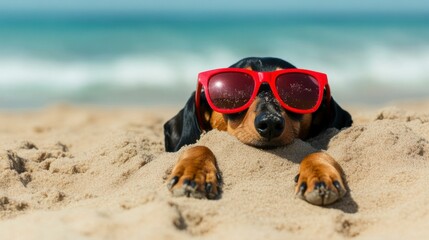 Obraz premium Black and tan dachshund in red sunglasses buried in sand, enjoying summer vibes by the ocean.