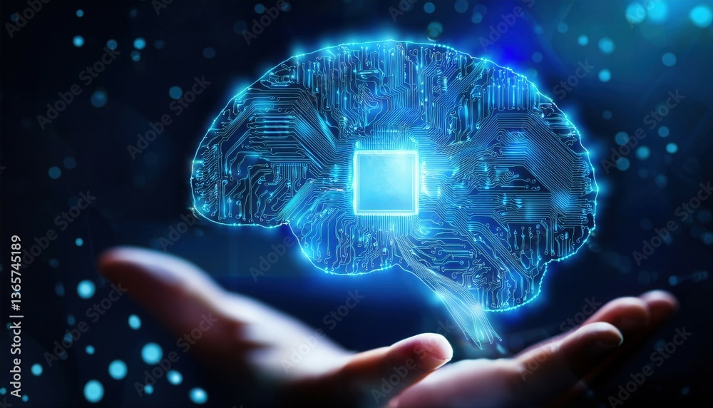 Poster human brain in the palm of a hand representing real-time processing of smart contracts with ai