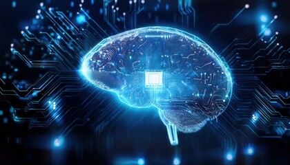 Fototapeta premium Glowing cybernetic brain in the middle of a circuit board representing real-time smart contracts