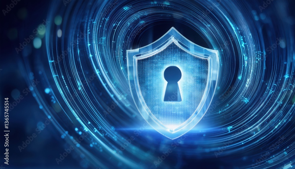 Poster a glowing security shield featuring a key surrounded by streams of encrypted digital data
