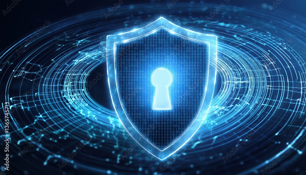 Poster a security shield with a key symbol encased in swirling streams of encrypted digital data