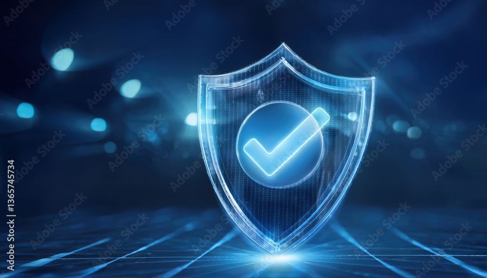 Poster a security shield featuring a verification tick symbol encased within a high-tech design