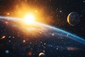 Obraz premium A planet orbits a bright sun in the starry cosmos, illuminating the vast space with its radiant glow.