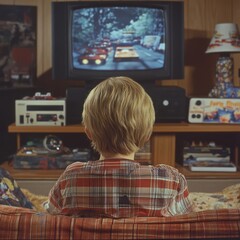 Child watching retro gaming console on tv in cozy living room