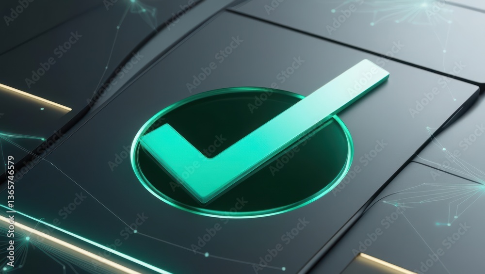 Poster luminous green tick symbol on a black background embedded in futuristic interface with animation
