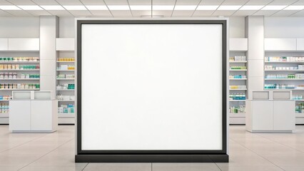 A blank advertising display in a modern pharmacy, surrounded by neatly arranged shelves filled with various medication products.