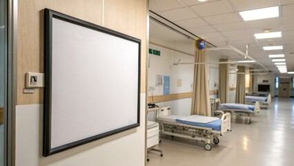 A view of a hospital corridor featuring empty patient beds, a blank notice board, and a clean, well-lit environment.