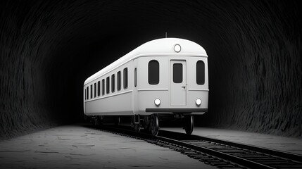 Fototapeta premium White Vintage Train Car in Dark Tunnel with Dim Lighting and Tracks