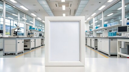 A modern laboratory setting featuring a blank white frame on a table, surrounded by sleek workstations and equipment, conveying a clean and organized environment.