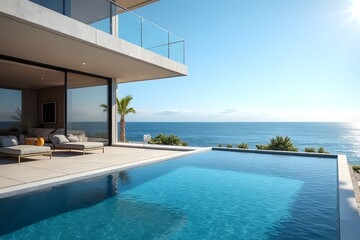 Fototapeta premium Tranquil coastal villa showcasing breathtaking ocean views, infinity pool, and minimalist modern architecture under bright sunlight.