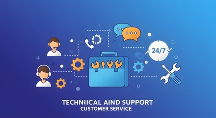 Reliable 24/7 technical aid and support ensuring seamless customer service with friendly agents and efficient problem-solving tools depicted in a vibrant, connected design.
