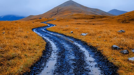 Winding Gravel Road Through Golden Autumn Fields Under Overcast Sky in Mountainous Landscape