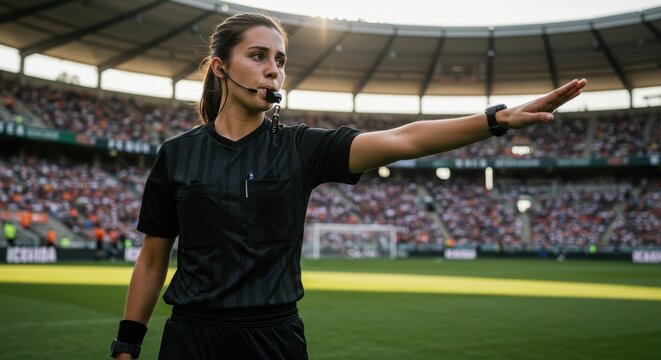 Female referee directing a soccer match in a packed stadium under bright lights during the game