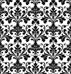 Fototapeta premium Black damask pattern seamless on white background. Vintage seamless floral background. Old retro flower ornate vector luxury wallpaper. Elegant victorian tile design.
