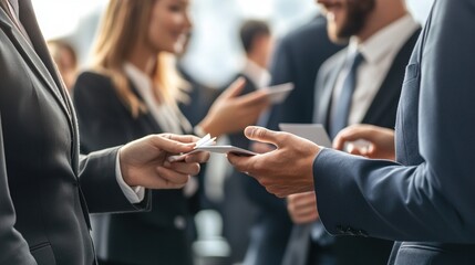 Businesspeople exchanging business cards at conference.