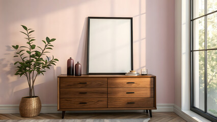 modern bathroom with wooden floor and big blank mockup art frame 