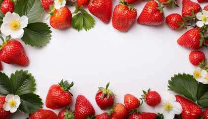 Strawberry season mockup, summer theme border, with free space for text. White plane background, red ripe berries on the upper side.