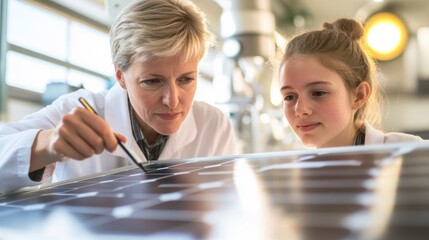 Scientist and young girl analyzing solar panel in lab
