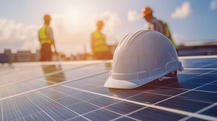 Hard hat on solar panels with workers in background at sunset