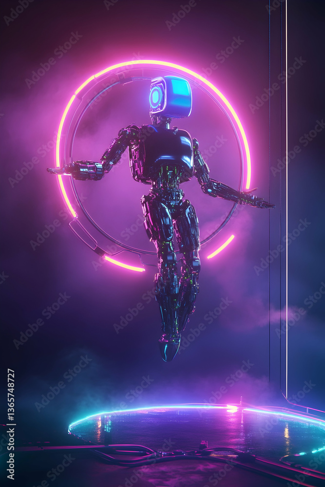 Wall mural a 3d abstract digital ai robot floating above a neon portal -