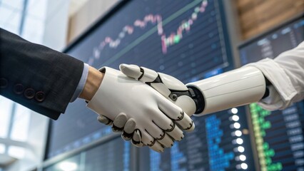 A human hand shakes a robotic hand in a modern financial setting.