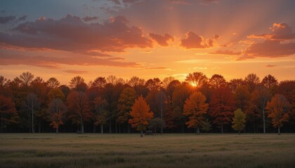 Sunset over autumn trees nature landscape open field tranquil environment