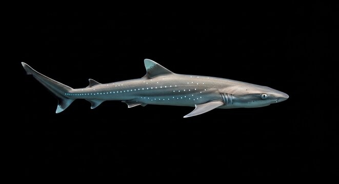 spotted estuary smooth-hound or rig (Mustelus lenticulatus) isolated on dark background. is a houndshark of the family Triakidae, found on the continental shelves and in estuaries around New Zealand
