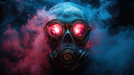 Skull wearing goggles and gas mask in colorful smoke.